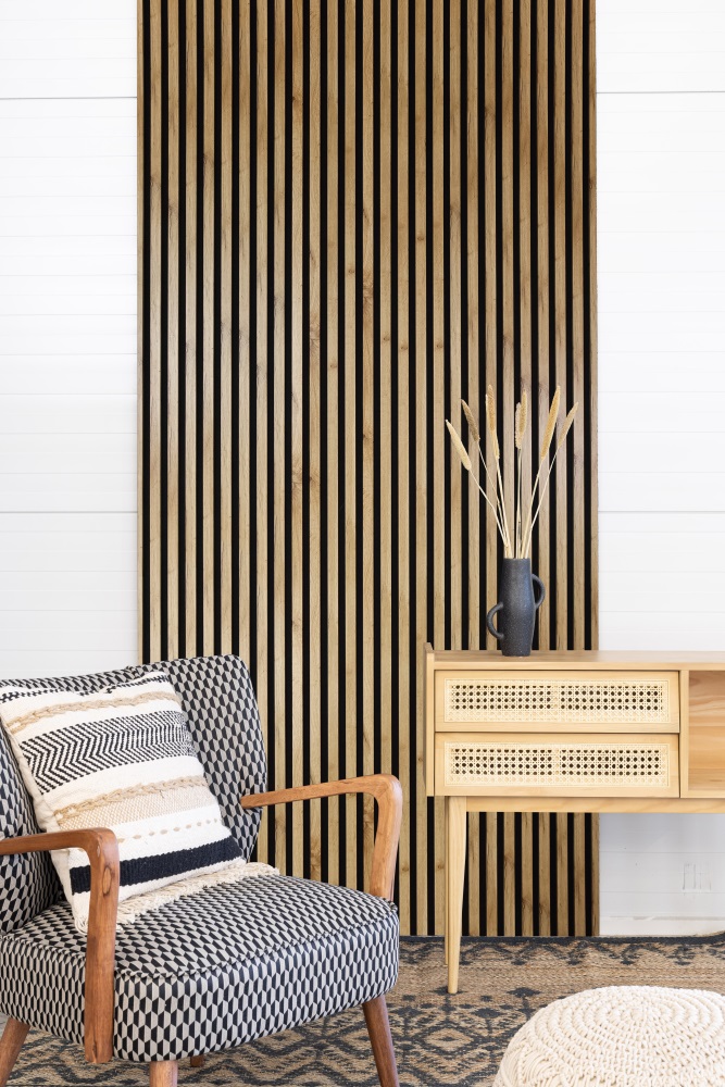 Akustikpaneel 2400 x 600 mm Wildeiche - Akustikfilz  Schwarz - Wandverkleidung