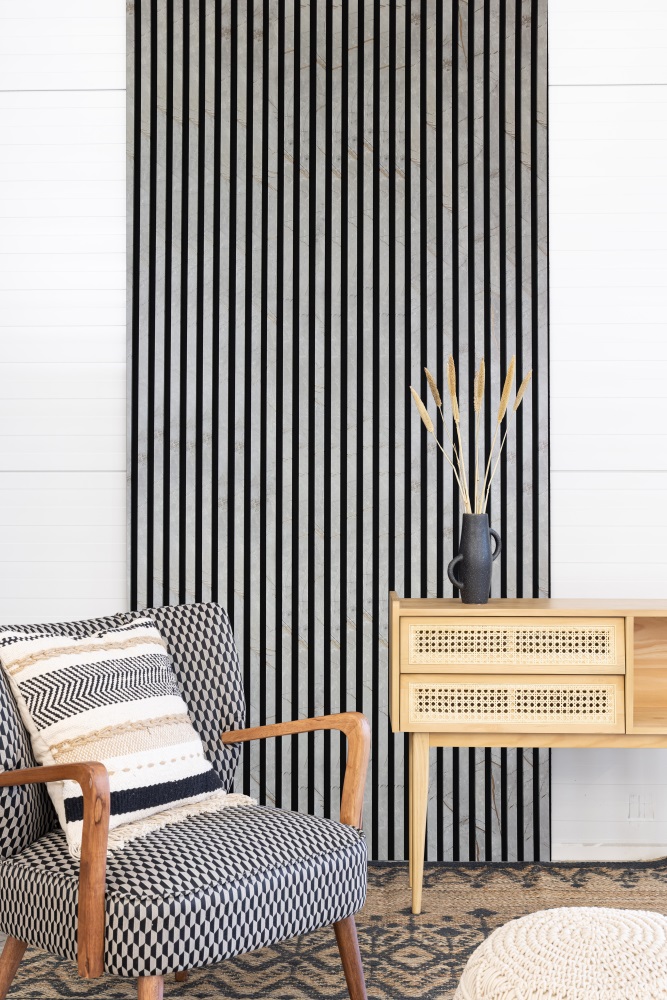 Akustikpaneel 2400 x 600 mm Golden Stone - Akustikfilz  Schwarz - Wandverkleidung