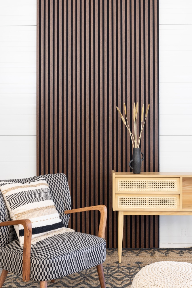 Akustikpaneel 2400 x 600 mm Eiche dunkel - Akustikfilz  Schwarz - Wandverkleidung