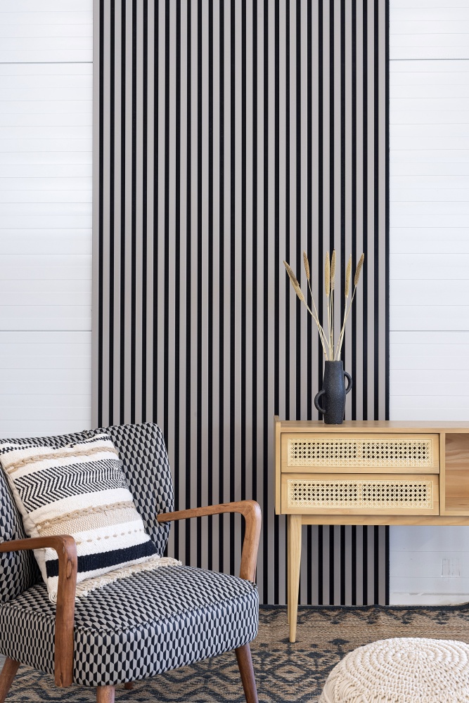 Akustikpaneel 2400 x 600 mm Sandgrau - Akustikfilz  Schwarz - Wandverkleidung