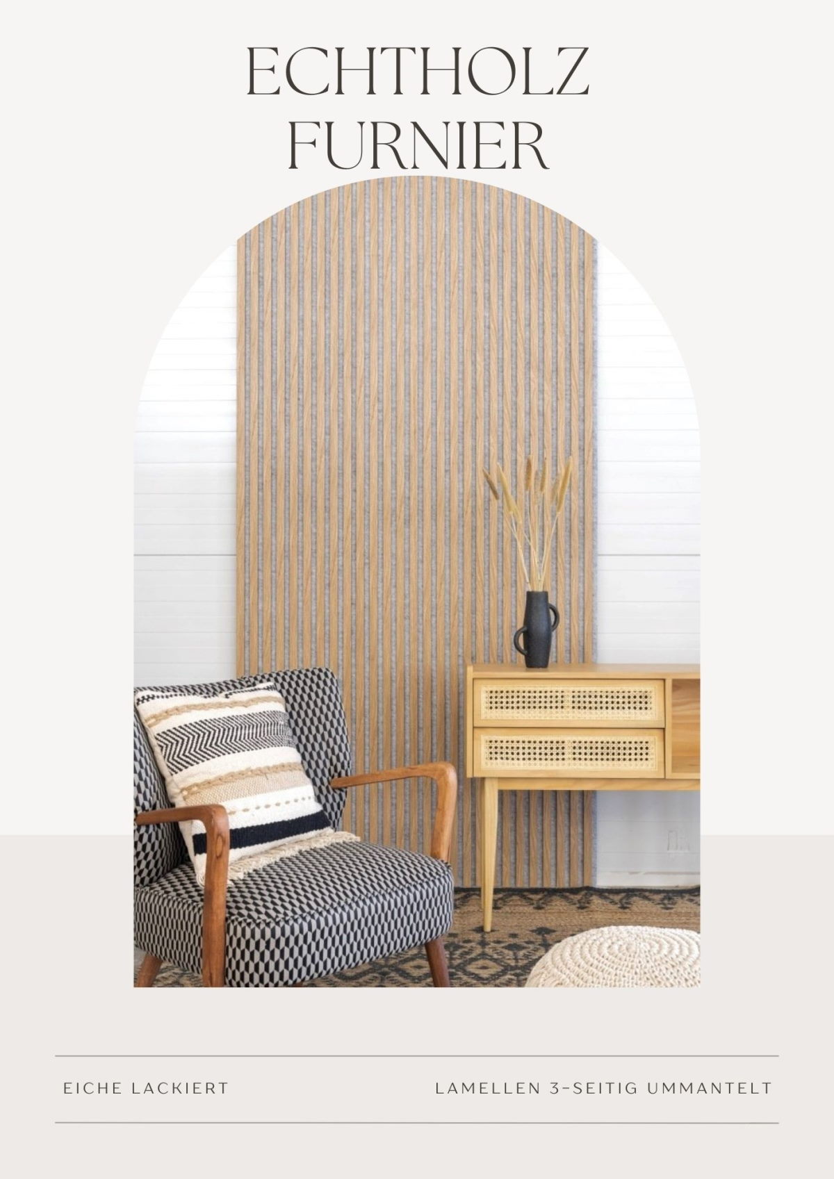 Premium Akustikpaneel 2600 x 400 mm Eiche Natur - Akustikfilz Grau - Wandverkleidung