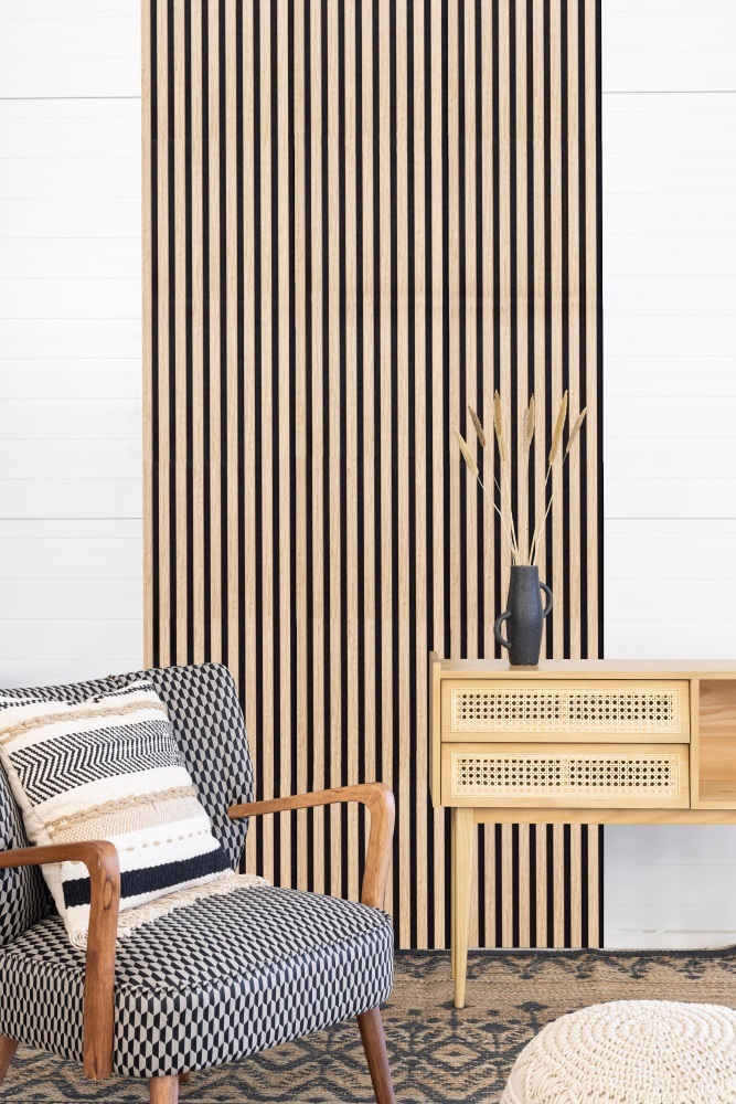 Akustikpaneel 2600 x 400 mm Eiche hell - Akustikfilz Schwarz - Wandverkleidung