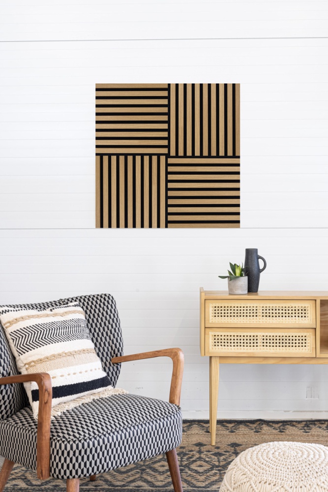 Premium Akustikpaneel 400 x 400 mm Eiche Natur - Akustikfilz Schwarz - Wandverkleidung